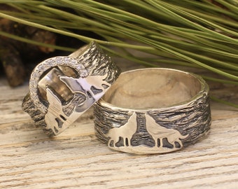 Anillos de boda de lobo a juego para él y ella, conjunto de anillos de animales de plata de ley, joyería de boda hecha a mano