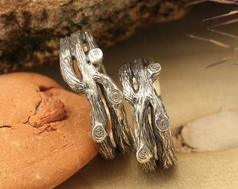 Twisted Tree Branches Silver Wedding Band Set - Forest Nature Matching Couples Rings Set - Unique Wedding Ring Set His and Hers