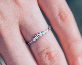 Tiny Tree bark Chevron Ring, Unique Silver V Ring, Thin Silver Stacking Ring — Woodbark and Gemstones, CZ Curved Wedding Band for Women