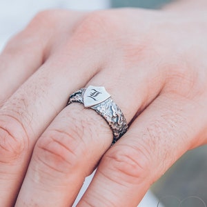 Anillo de hombre con escudo personalizado, banda de plata de ley de caballero, anillo inicial para hombre, carta en la alianza de boda del escudo, anillo martillado para hombre