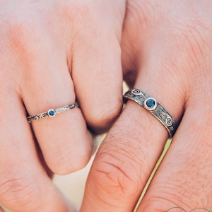 Sapphire and Tree Bark Silver Unique Matching Wedding Bands Set His and Hers Nature inspired - Matching Couple Rings Set Forest Wood Style