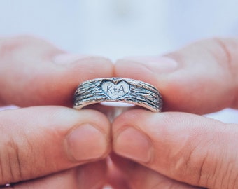 Family heart wedding band, Family tree ring, Initial wedding band, Heart ring, Rustic ring, Personalized ring, Love wedding band,Silver ring