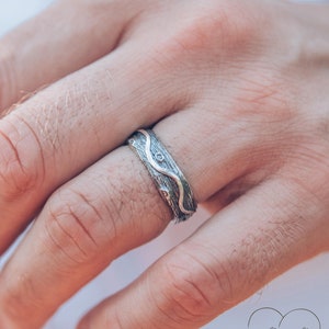 Unusual wave and tree bark silver band, Wavy line on a tree band for Him, Heavy silver bark wedding band, Boyfriend Gift Christmas