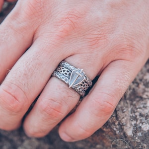 Unique Sword & Shield Celtic Wedding band for Men, Hammered Silver Valorant Ring for Him, Wide and heavy Knights Templar Ring