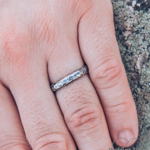 Asteroid style Mens Hammered Wedding Band — 925 Sterling Silver Ring — Wild Stone Rustic Nature Ring — Unique Silver Promise Ring for Him