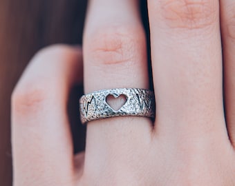 Heartbeat Promise Ring Sterling Silver - Hammered Love Ring with Shiny Gemstones -  Chunky Self Love Ring - Handmade Jewelry