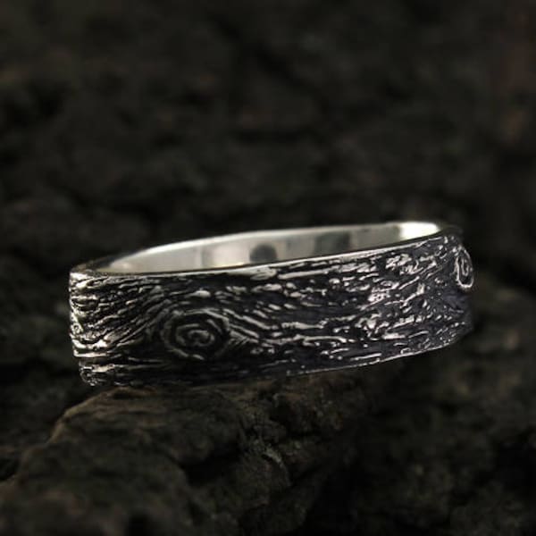 Anillo de bodas de corteza de árbol, Anillo de bodas rústico, Anillo de bodas de árbol genealógico, Anillo de plata natural, Anillo de bodas grande, Anillo para hombre, Anillo para mujer