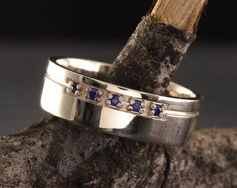 Natural Blue Sapphire White Gold Wedding Band Men Traditional Custom Multi Stone 14k Solid Gold Ring September Birthstone Anniversary Gift