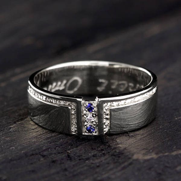 Men's diamond and sapphire wedding band, Sapphire wedding ring, Diamond silver band, Mens silver ring, Flat ring, His engagement ring