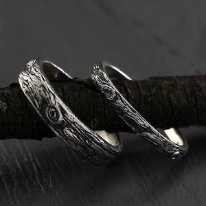 Conjunto de alianças de casamento de prata para ele e para ela, conjunto de anéis de árvore, aliança de casamento para ele e para ela, aliança de árvore masculina, anel de árvore feminino, anel de casca de prata