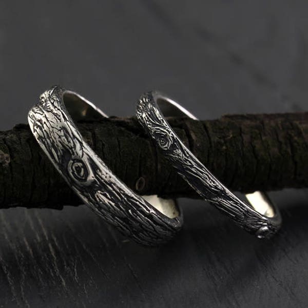 Tree bark His and Her silver wedding bands set, Tree rings set, His and Her wedding ring, Mens tree band, Womens tree ring, Silver bark ring