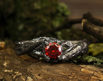 Braided branch engagement ring with garnet, Unique silver twig ring, Garnet branch engagement ring, Womens twig ring, Unusual ring