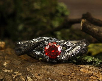 Bague de fiançailles branche tressée avec grenat, bague brindille en argent unique, bague de fiançailles branche de grenat, bague brindille pour femme, bague inhabituelle