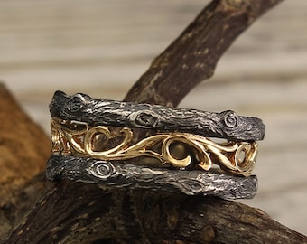 Tree mixed metals wedding band, Vintage style vine ring, Unique silver and gold ring, Womens tree band, Unique nature band, Anniversary ring