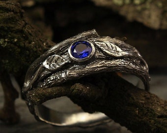 Branch and leaves sapphire engagement ring, Unique sapphire ring, Womens branch ring, Wild nature ring, Unusual engagement ring  for her