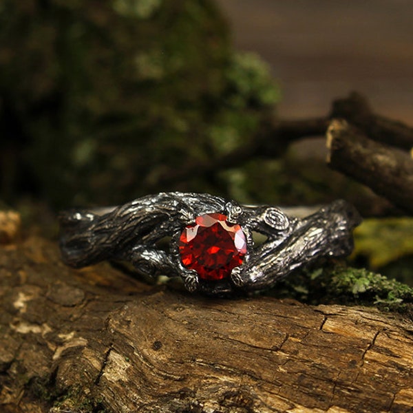 Braided branch engagement ring with garnet, Unique silver twig ring, Garnet branch engagement ring, Womens twig ring, Unusual ring