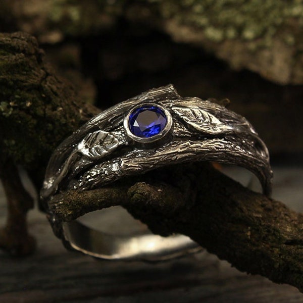 Branch and leaves sapphire engagement ring, Unique sapphire ring, Womens branch ring, Wild nature ring, Unusual engagement ring  for her