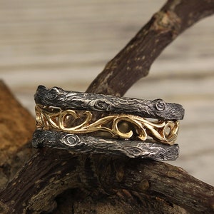 Tree mixed metals wedding band, Vintage style vine ring, Unique silver and gold ring, Womens tree band, Unique nature band, Anniversary ring