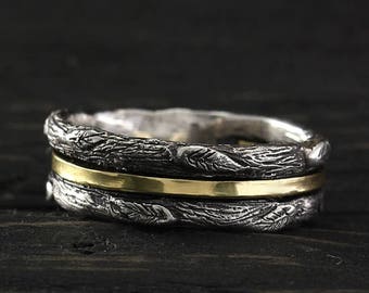 Banda de bodas de rama de plata y oro, anillo de hojas de metal mixto, banda de bodas tree, banda de bodas de plata / oro de las mujeres, anillo de la naturaleza de las mujeres