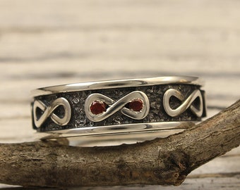 Infinity silver wedding band with garnet, Unique infinity band, Infinity garnet ring, Unique men's band, Unusual womens band, Silver ring