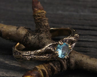Branch engagement ring with Topaz, Women's branch gold ring, Tree bark women's ring, Womens topaz ring, Gift for girlfriend, Gift for women