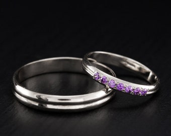 Pequeña alianza de boda para él y para ella, Anillos de pareja, Pequeños anillos de boda para él y para ella, Alianzas de boda delicadas, Alianzas de boda delgadas plateadas, Conjunto de bandas