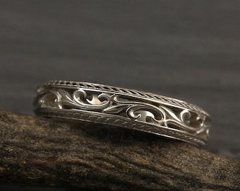 Vine and filigree wedding band, Vintage style silver wedding band, Vine silver band, Mens vine band, Womens vine ring, Nature wedding band