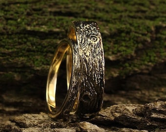 His and her tree bands in black finish, Tree yellow gold wedding bands set, Tree bark wedding rings set, Unusual wedding bands, Nature rings
