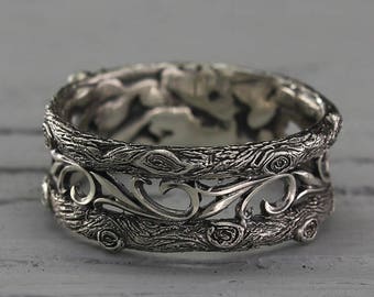 Womens vintage style tree band, Womens unique tree wedding ring, Vine wedding band, Womens tree ring, Wide silver ring, Silver band ring