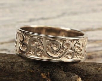 Mens wedding band in white gold with pattern, Unique mens wedding band, 8mm gold wedding ring, Unusual men's ring, 14k solid white gold ring