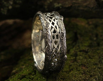 Unique silver tree band with celtic pattern, Tree silver wedding band, Celtic wedding ring with tree bark, Wide silver ring, Unusual band