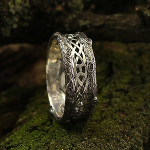 Unique silver tree band with celtic pattern, Tree silver wedding band, Celtic wedding ring with tree bark, Wide silver ring, Unusual band image 1