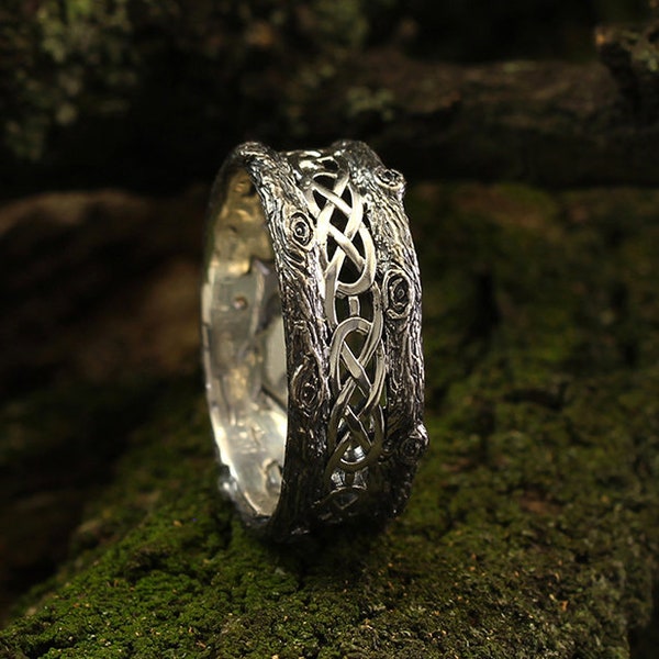 Unique silver tree band with celtic pattern, Tree silver wedding band, Celtic wedding ring with tree bark, Wide silver ring, Unusual band