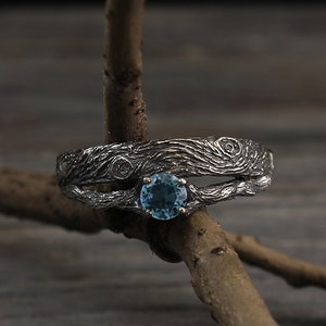 Tree bark topaz engagement ring, Branch silver wedding band, Birthstone ring, Unusual womens engagement ring, Unique gift for her