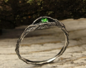 Tiny branch engagement ring with emerald, Small twig and leaves ring, Branch emerald ring, Dainty engagement ring, Emerald engagement ring