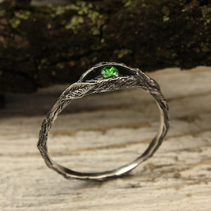 Tiny branch engagement ring with emerald, Small twig and leaves ring, Branch emerald ring, Dainty engagement ring, Emerald engagement ring