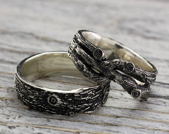 Conjunto de alianzas de boda de árbol, anillos de rama, anillos de boda de árbol para él y ella, anillos de ramita, banda de árbol para hombre, anillo de rama para mujer, anillos rústicos de plata