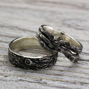 Tree wedding bands set, Branch rings, His and Her tree wedding rings, Twig rings, Men's tree band, Women branch ring, Silver rustic rings