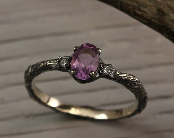 Small branch white gold engagement ring, Amethyst and Diamonds branch ring, Tree engagement ring, Women's branch amethyst and diamond ring