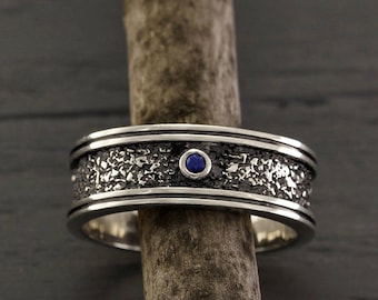 Men's sapphire wedding band in sterling silver, Sapphire bold ring, Sapphire band, Bold wedding band, Unique mens sapphire ring, Big ring