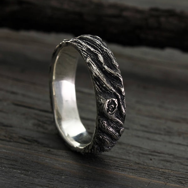 Bande d'arbre, alliance pour hommes, alliance rustique, bande d'argent d'arbre, bague de nature, grande bande de mariage, bande d'argent pour homme, bague de mariage en argent