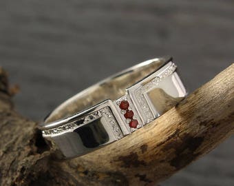 Garnet wedding band, Men's garnet wedding ring, Men's silver band, Garnet silver ring, Flat wedding ring, Men's engagement ring, Mens gift