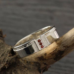Garnet wedding band, Men&#39;s garnet wedding ring, Men&#39;s silver band, Garnet silver ring, Flat wedding ring, Men&#39;s engagement ring, Mens gift