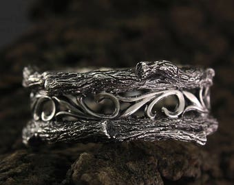 Mens vintage style tree band, Unique tree silver wedding band, Men's branch wedding ring, Mens tree bark ring, Wide silver ring, Silver band