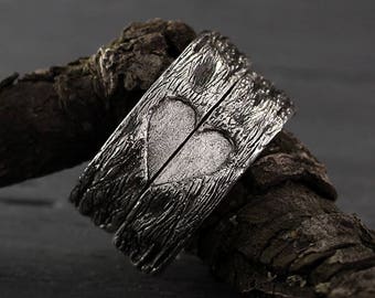 Family heart tree bark wedding bands set, Half heart wedding bands, His and Her love band, Family tree His and Her ring, Silver bark rings