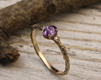 Tiny twig engagement ring with Amethyst and Diamonds, Tree bark engagement ring, Women's amethyst and diamond ring, Branch ring, For her