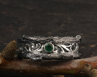 Vintage style tree band with emerald, Unique mens tree wedding band, Men&#39;s branch wedding ring, Mens emerald band, Wide ring, Emerald ring