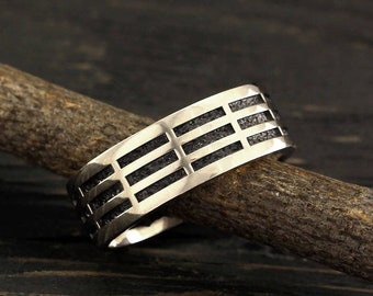 Chunky Stylish Mens Ring Sterling Silver, Unique Wide Wedding Band Geometric top and Oxidized inside, Brutalist Ring, Christmas Gift for Dad