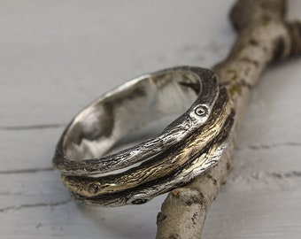 Unique tree band in mixed metals, Men's branch wedding band, Silver and Yellow gold tree band, Unusual mens wedding band, Men's gift