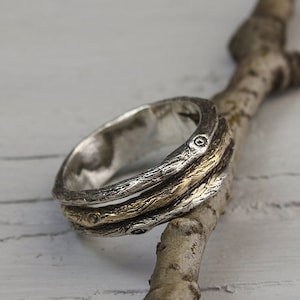 Unique tree band in mixed metals, Men's branch wedding band, Silver and Yellow gold tree band, Unusual mens wedding band, Men's gift